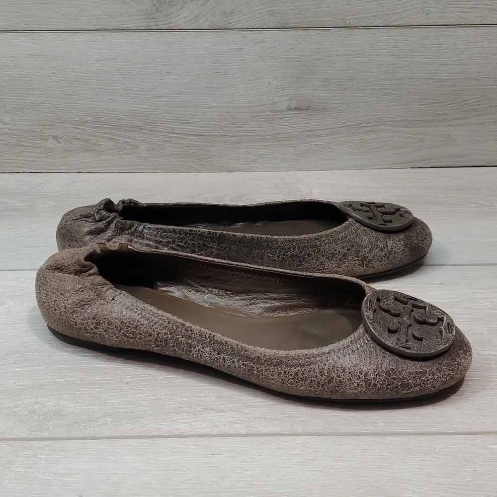 Tory Burch Womens Classic Reva brown distressed Leather Flats Ballet shoes sz 9M